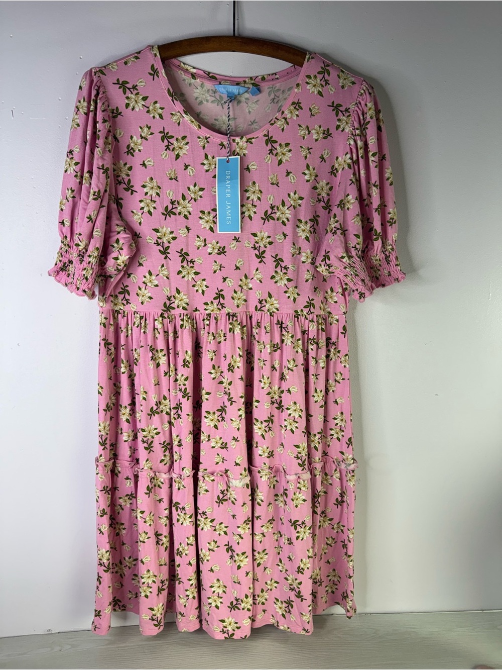 Draper James Lee Ann Dress Pink Magnolia Floral Ruffle Puff Sleeve large New - Picture 2 of 7
